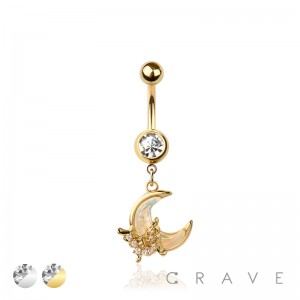 316L SURGICAL STEEL OPAL MOON BUTTERFLY DANGLE BELLY BUTTON NAVEL RING 